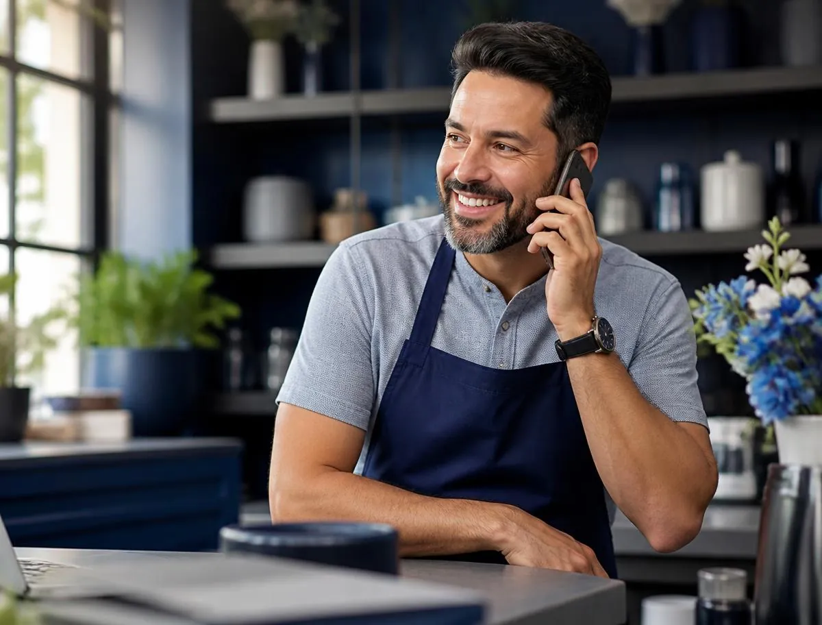 small business owner taking a customer call in her shop