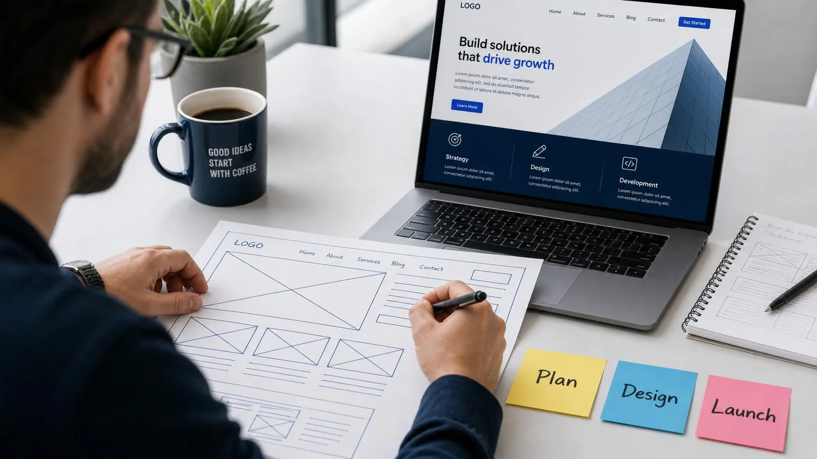 A GLP Digital LLC designer sketching a website layout plan beside a laptop during the design phase